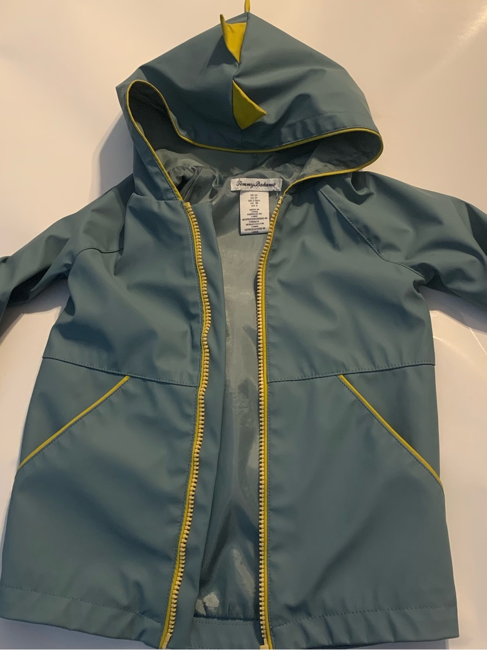 Tommy Bahama Kids Dinosaur Hooded Rain Jacket Windbreaker Blue Green Spikes Flaw